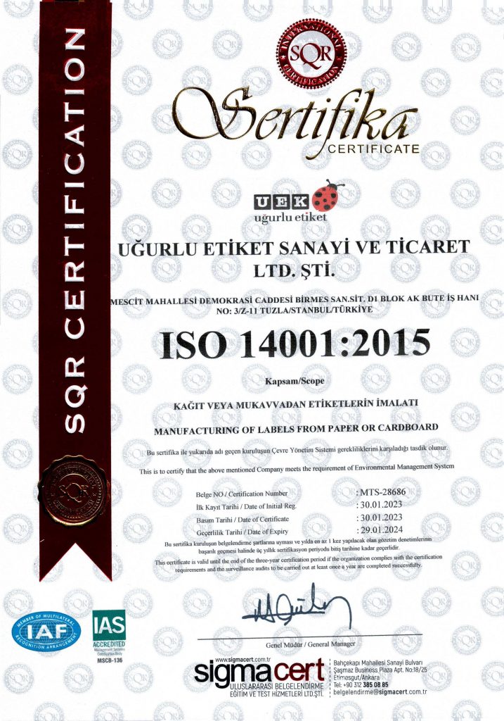 UĞURLU ETİKET ISO 14001 BELGE