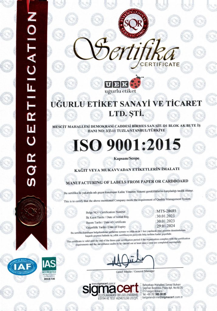 UĞURLU ETİKET ISO 9001 BELGE