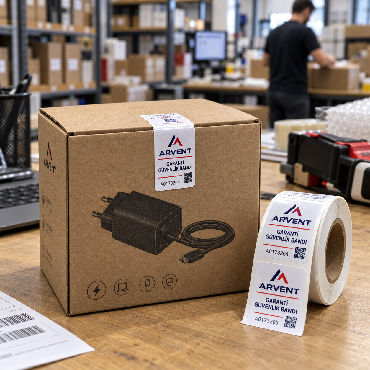 Elektronik ürün kutusunun açılma noktasına uygulanmış seri numaralı güvenlik etiketi ve aynı tasarımlı etiket rulosu.