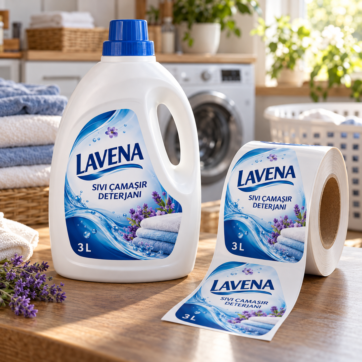 Mavi ve lavanta desenli etiket taşıyan sıvı çamaşır deterjanı bidonu ve eşleşen etiket rulosu, çamaşır odasında.