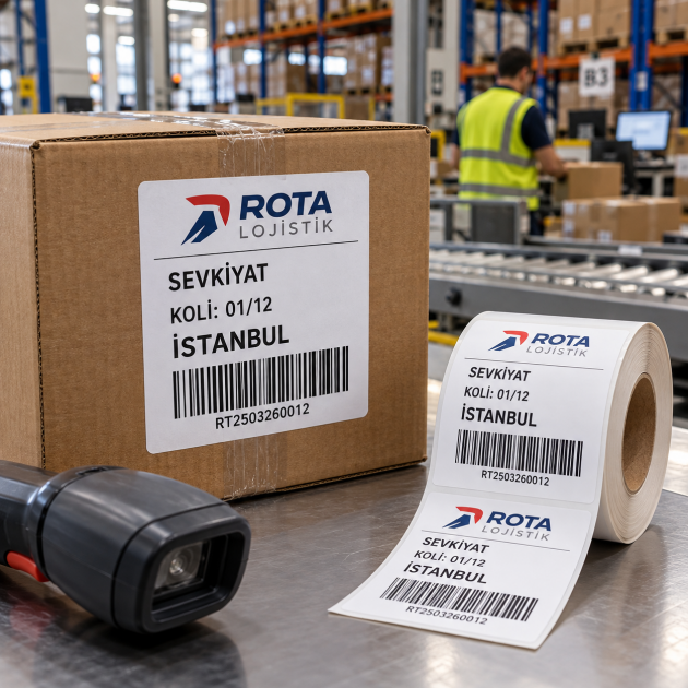 Sevkiyat kolisine uygulanmış barkodlu lojistik etiketi ve aynı tasarımlı beyaz pergamin taşıyıcılı etiket rulosu, depo ortamında.