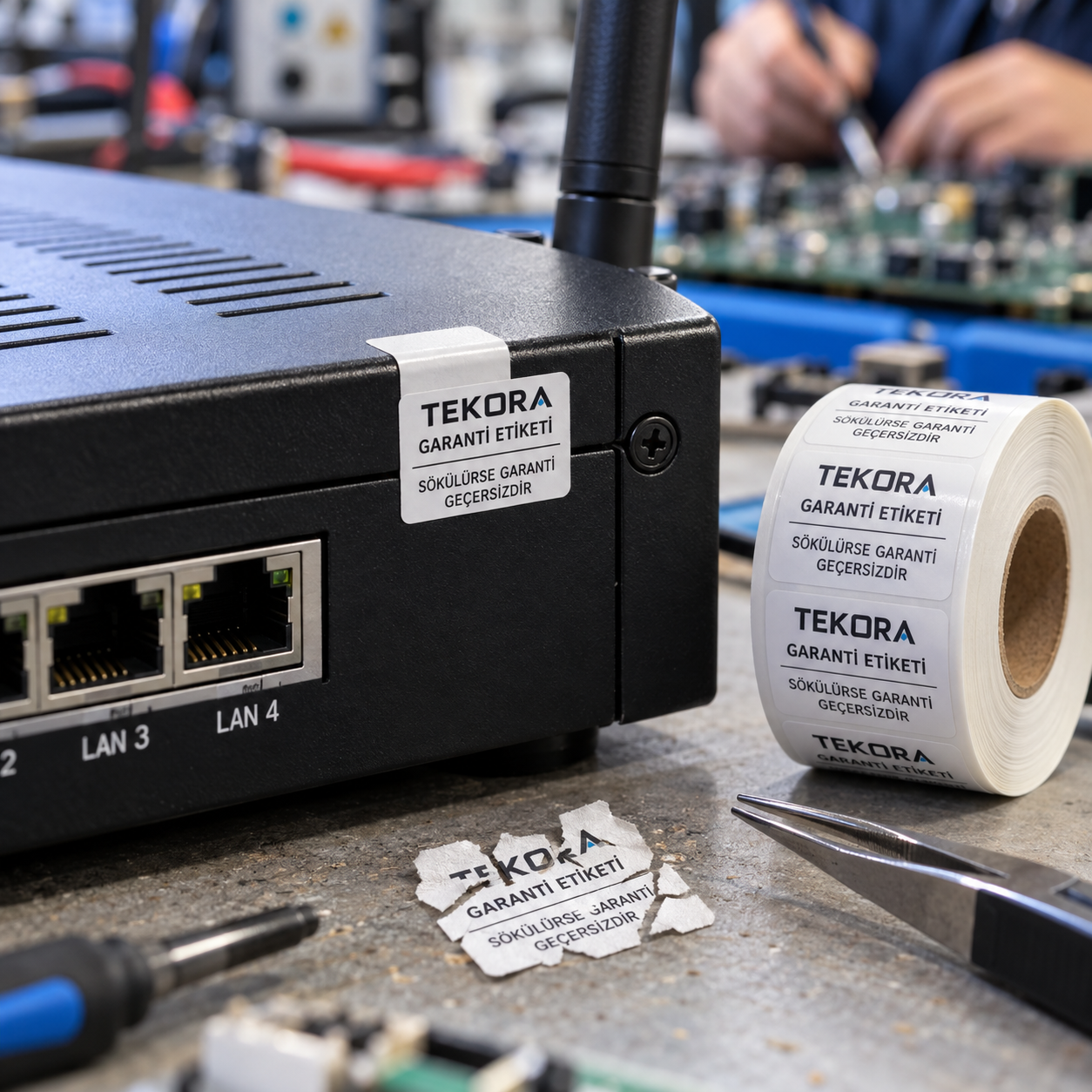 Elektronik cihazın kapak birleşimine uygulanmış kırılgan garanti etiketi, eşleşen etiket rulosu ve söküldüğünde parçalanmış etiket örneği.