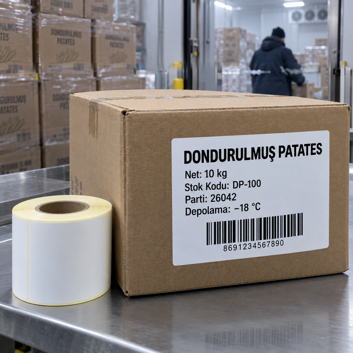Soğuk depoda patates kolisine uygulanmış stok ve barkod bilgili deepfreeze eco termal etiket ve yanında rulo.