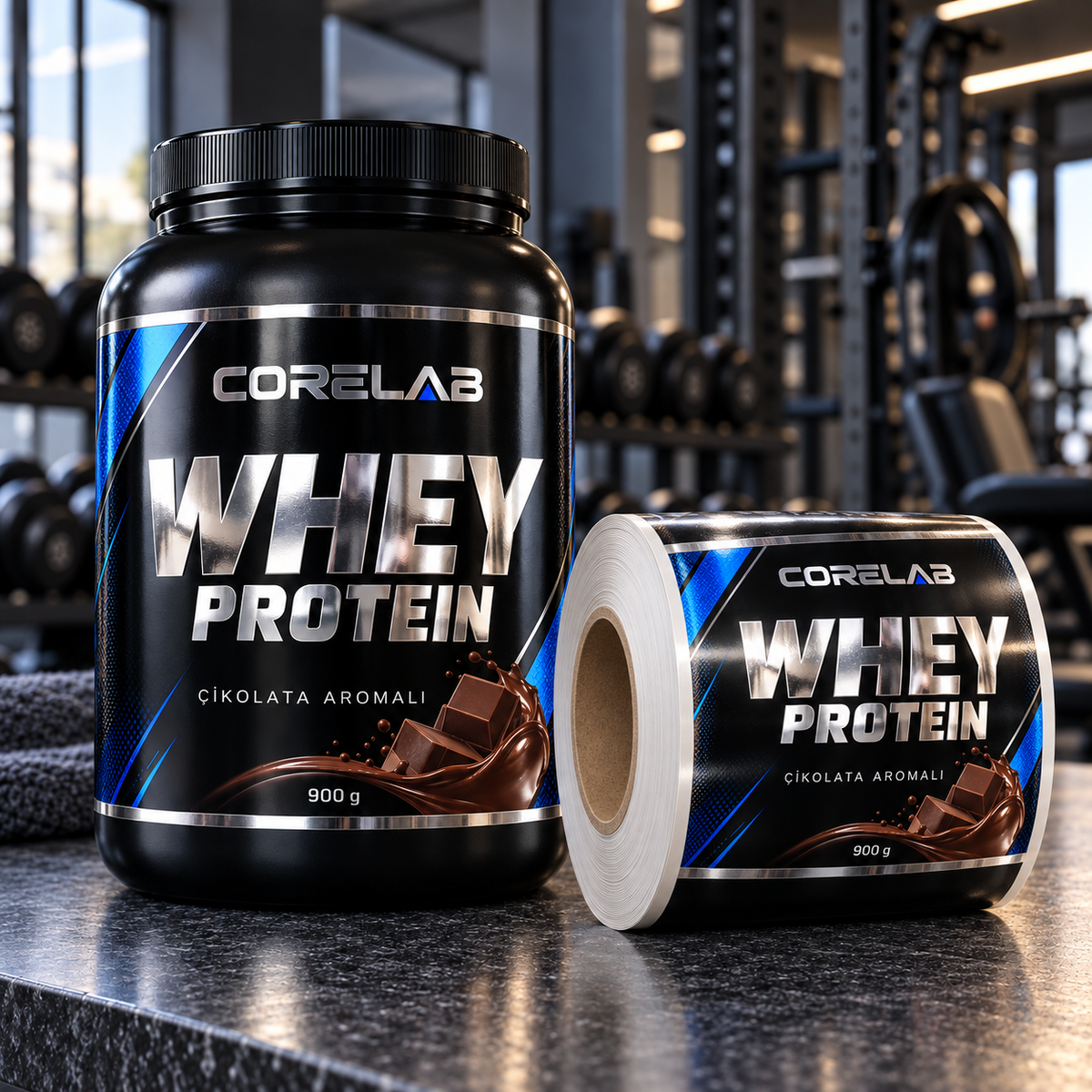Metalize PP etiketli çikolata aromalı protein tozu ambalajı ve aynı tasarıma sahip baskılı etiket rulosu. Uğurlu Etiket ambalaj çözümleri.