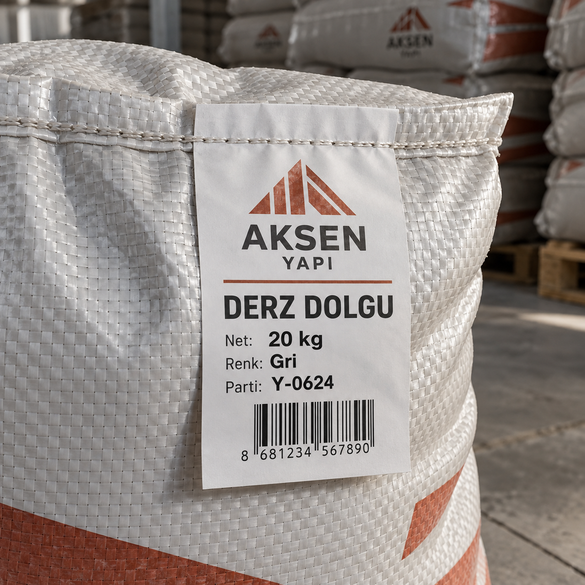Yapı malzemesi çuvalının ağız dikişine dikilmiş, marka, ürün, ağırlık ve parti bilgili Poliart etiket.