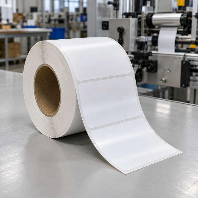 Beyaz taşıyıcılı, düzgün yüzeyli ve tek sıra dizilmiş baskısız PVC etiket rulosu.