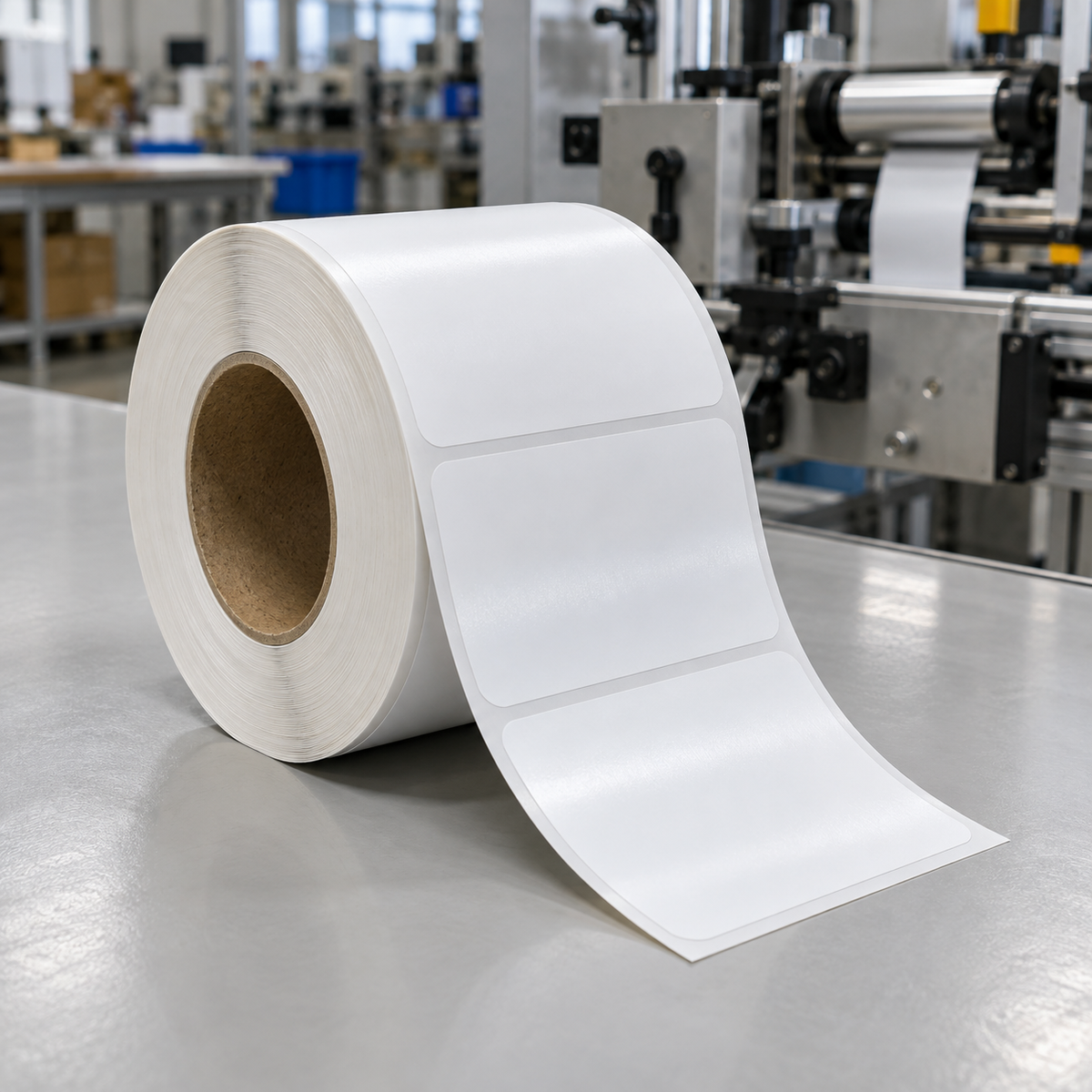 Beyaz taşıyıcılı, düzgün yüzeyli ve tek sıra dizilmiş baskısız PVC etiket rulosu.