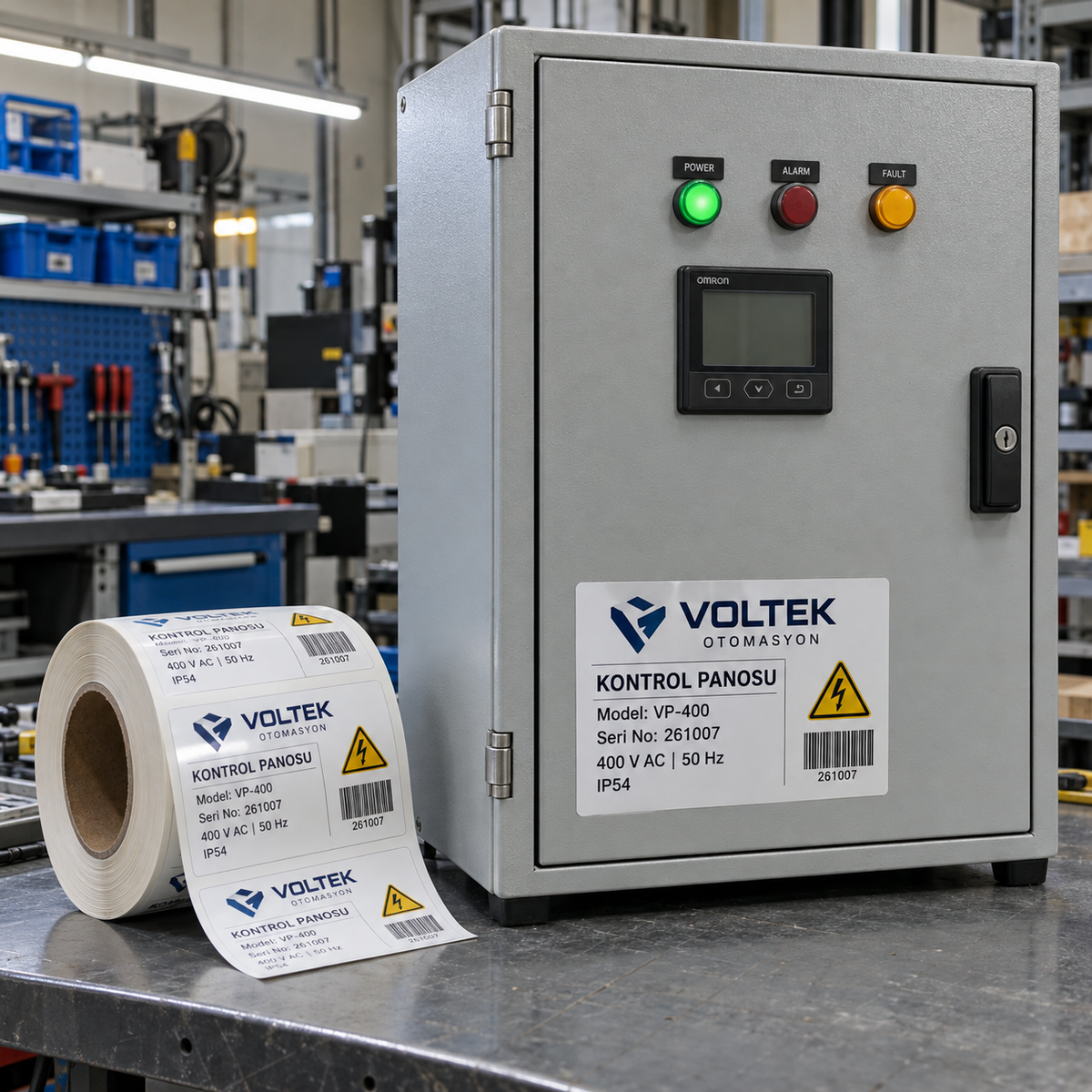 Elektrik panosunda firma logosu, teknik bilgiler, barkod ve elektrik uyarısı içeren PVC etiket ile eşleşen baskılı rulo.