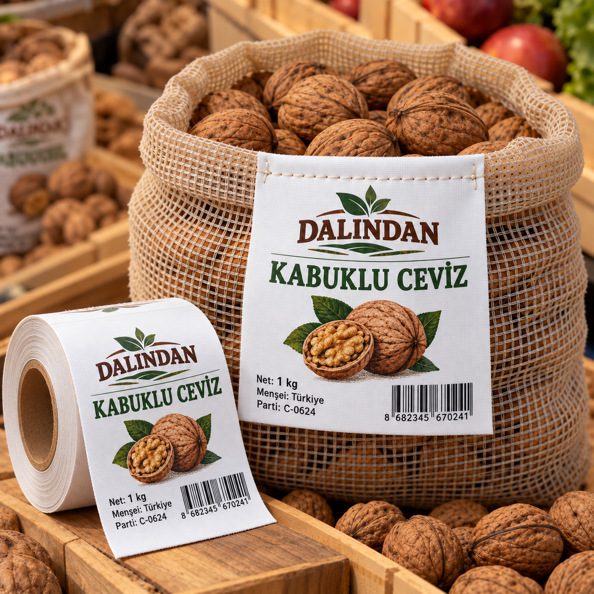 Kabuklu ceviz ambalajına dikilmiş, renkli marka ve ürün tasarımlı rafya etiket ve yanında eşleşen baskılı rulo.
