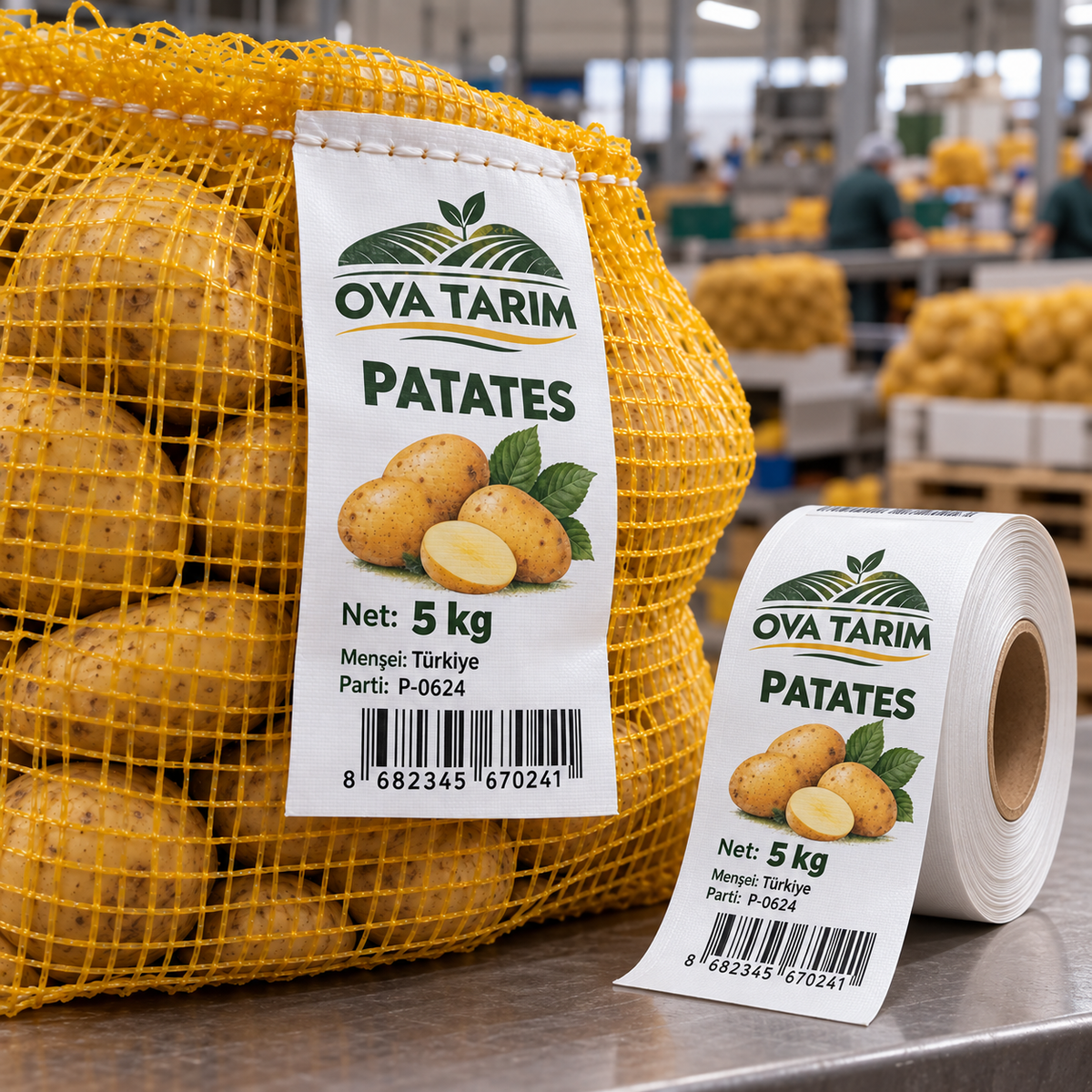 Patates filesinin ağız dikişine tutturulmuş renkli baskılı rafya etiket ve aynı tasarıma sahip etiket rulosu.
