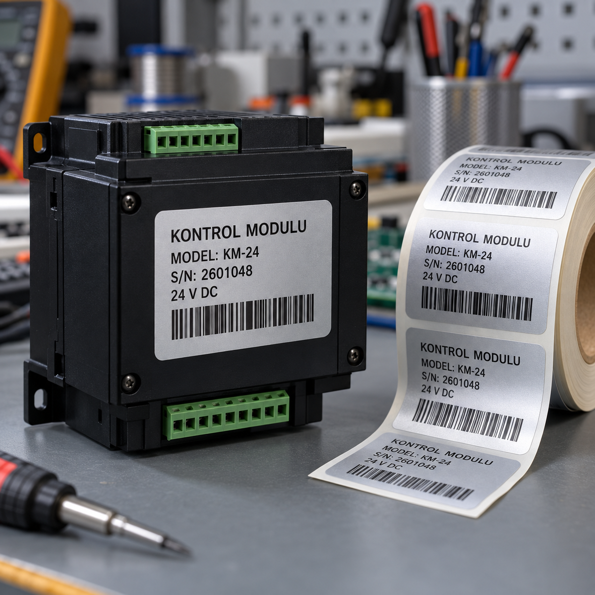 Elektronik kontrol modülünde model, seri numarası ve barkod bilgilerini gösteren silvermat etiket uygulaması ve baskılı etiket rulosu.