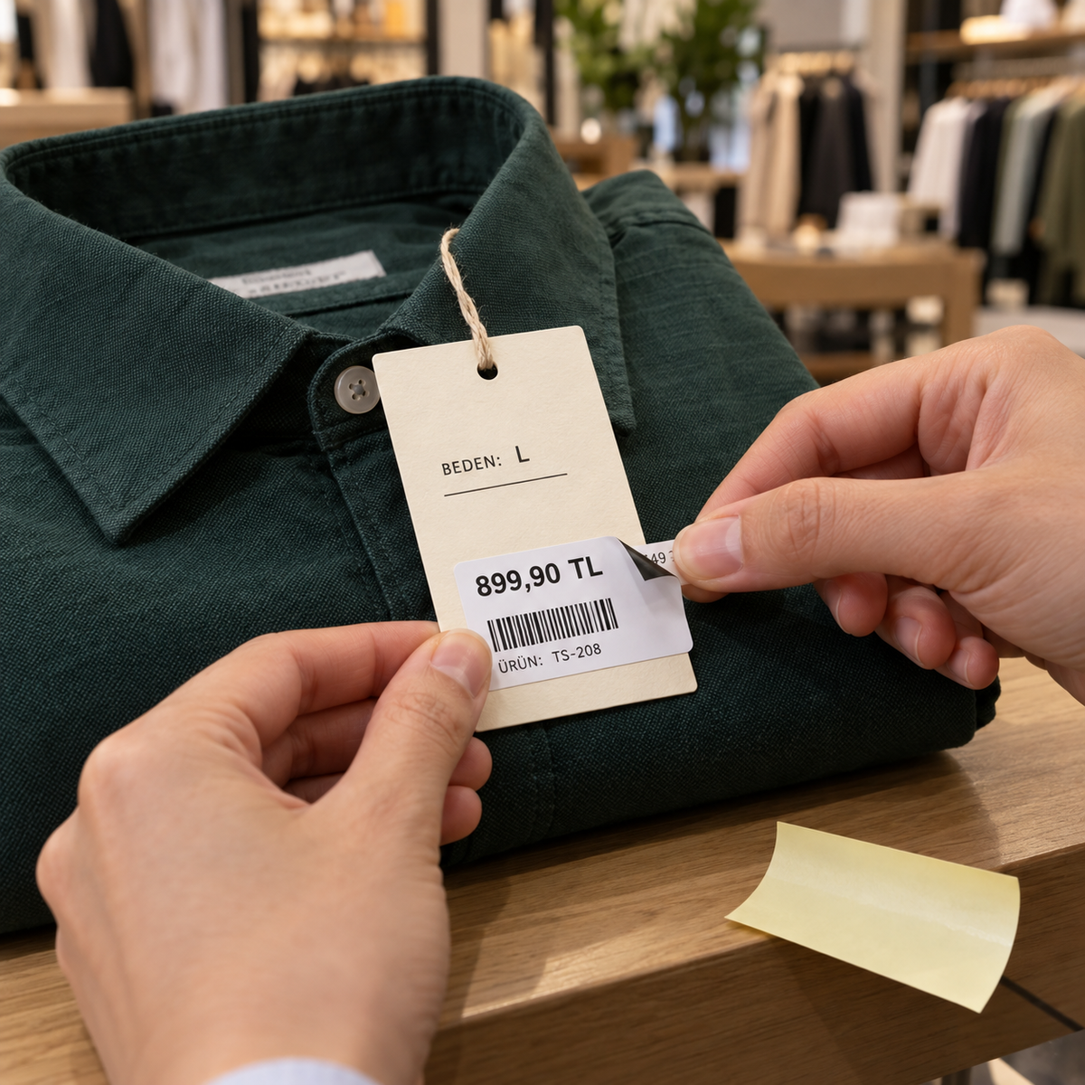 Karton tekstil etiketindeki eski fiyatı kapatmak için uygulanan sürsajlı eco termal fiyat etiketi.