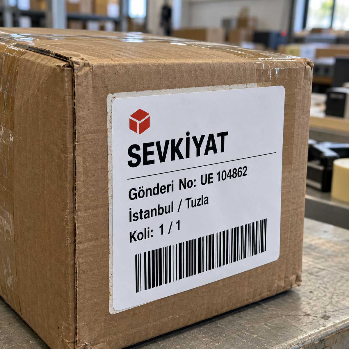 Koli üzerindeki eski sevkiyat bilgilerini kapatan, barkod baskılı sürsajlı kuşe etiket.