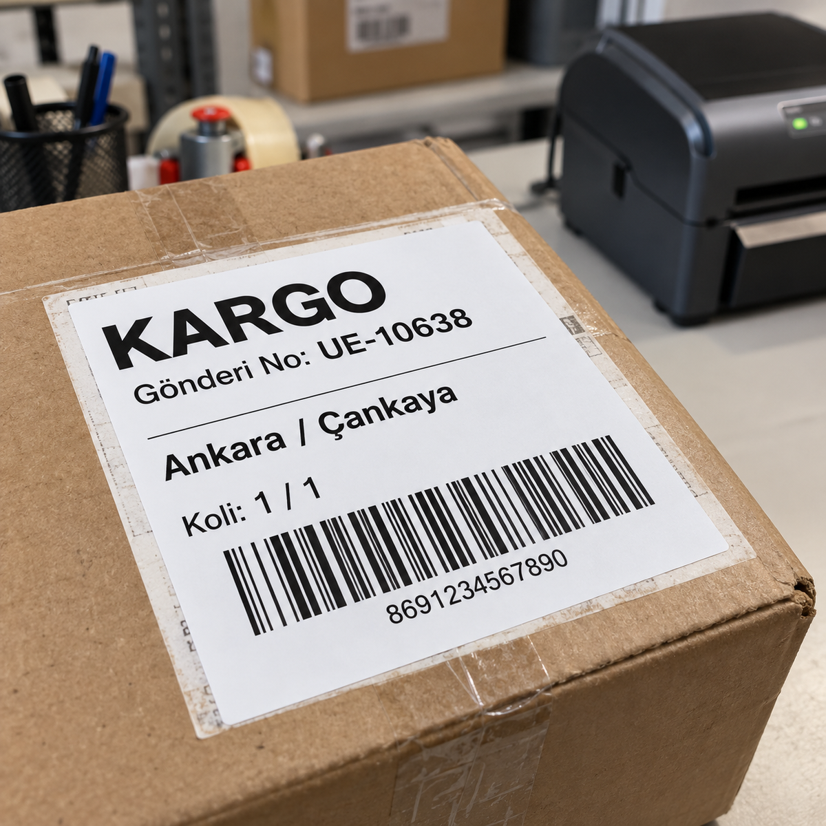 Uğurlu Etiket sürsajlı lamine termal etiket ile kargo paketlerinde eski gönderi bilgilerinin kapatılması ve yeni bilgilerin uygulanması.
