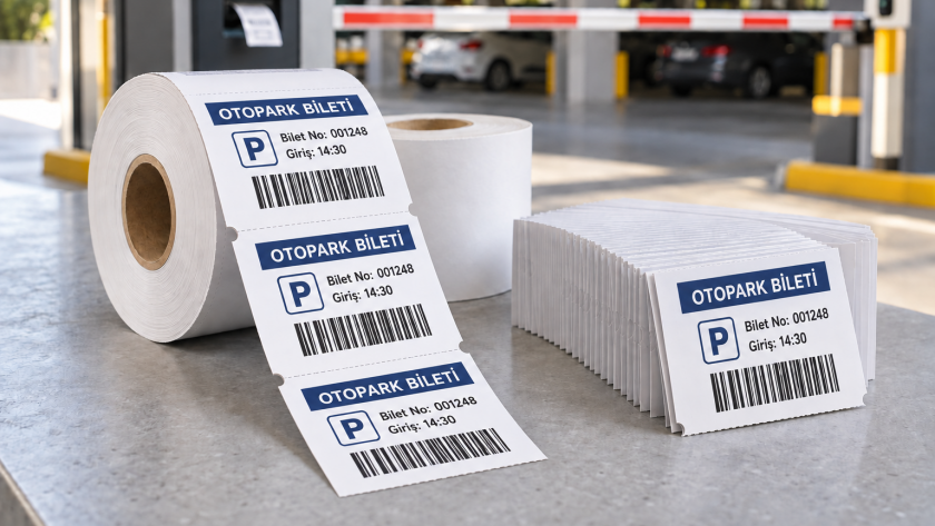 Çentikli kenarı görünen termal otopark bileti etiketi örneği