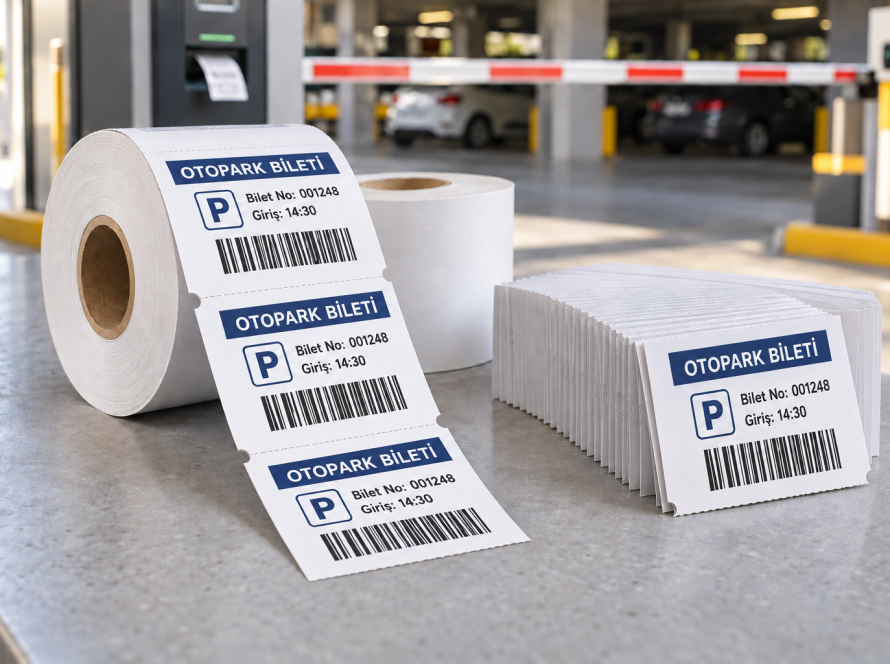 Çentikli kenarı görünen termal otopark bileti etiketi örneği