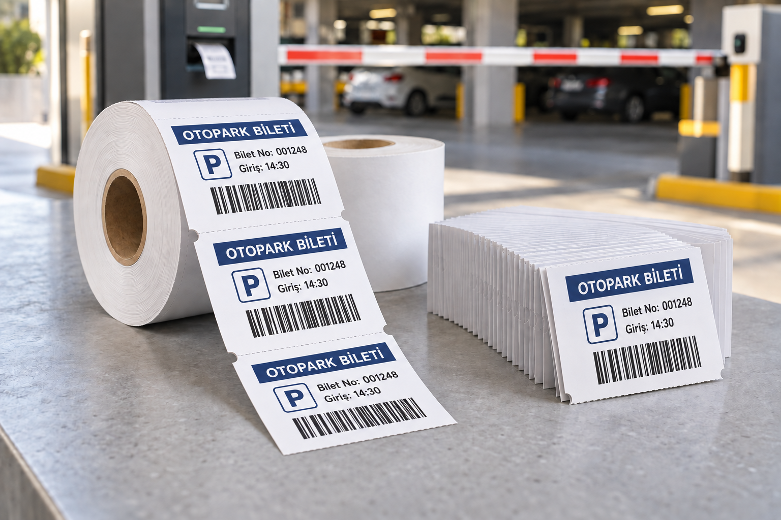 Çentikli kenarı görünen termal otopark bileti etiketi örneği