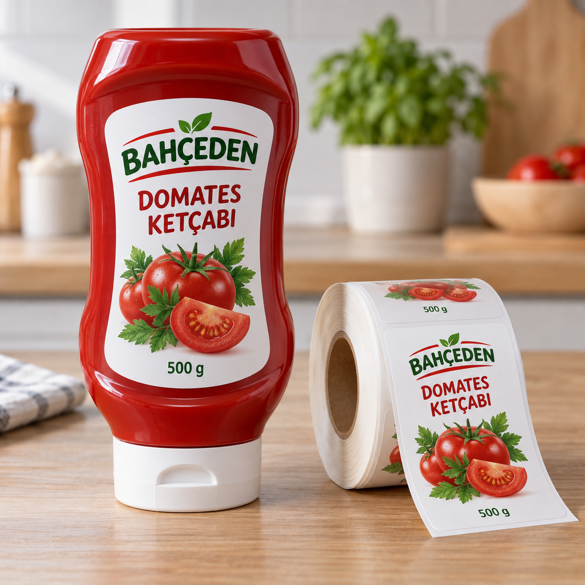 Sıkılabilir ketçap şişesinde marka logosu ve domates görselleri içeren beyaz zeminli PE opak etiket ve yanında baskılı rulosu.