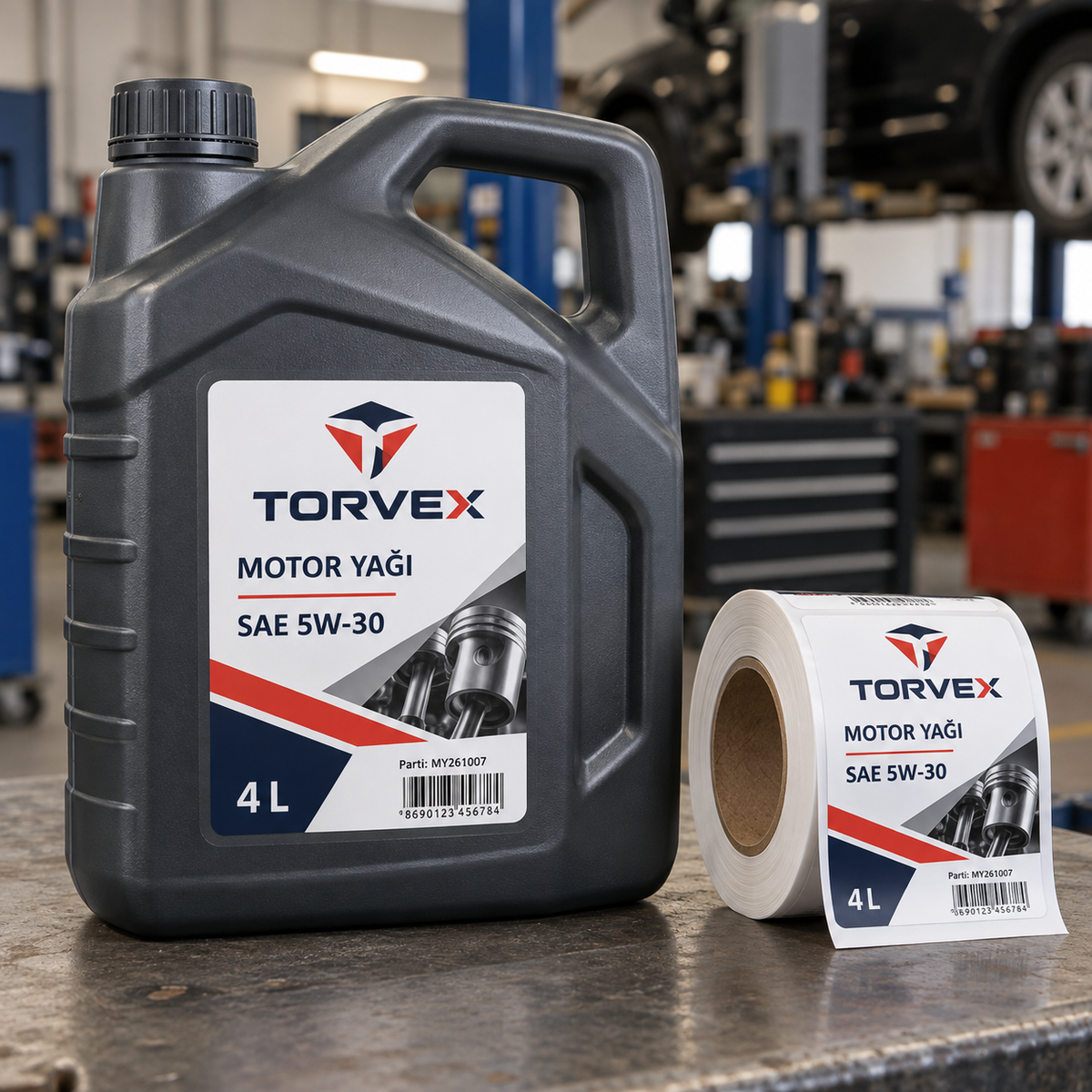 Motor yağı bidonunda marka logosu, SAE 5W-30, hacim ve parti bilgileri içeren PE opak etiket ile eşleşen baskılı rulo.