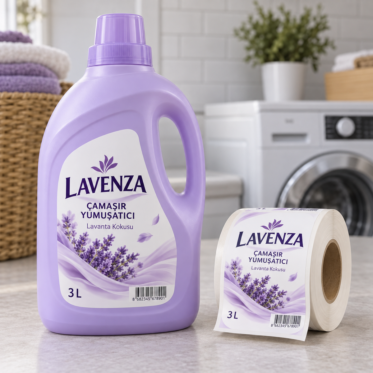 Saplı yumuşatıcı bidonunda marka logosu ve lavanta desenli PE opak etiket ile yanında beyaz taşıyıcılı baskılı rulo.